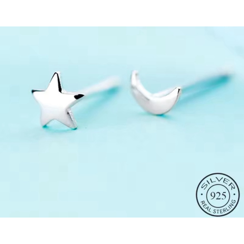 NEW Unisex White Gold Plated S925 Moon and Star Stud Earrings, 0.5cm